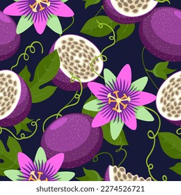 Purple passionflower pattern. Passion fruit seamless background, coloring maracuja decorative print, maracuya plants and passion flowers decoration fabric vector ornament