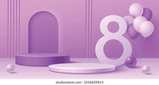 Purple pastel 8 March scene with large number eight stand near two cylinder podiums, decorative balls, floating balloons. International Women Day celebration or promotion template with product display