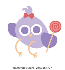 Purple pastel bird holding lollipop. Lilac cartoon bird eating candy. Baby chick wearing red ribbon in hair. Ponytail hairstyle. Cute bird character mascot. Dessert, confectionary, bakery, café icon. 