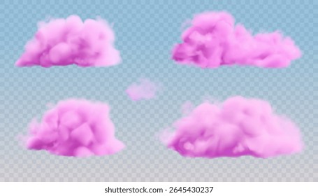 Conjunto de vetor de nuvens pastel roxas. Textura realista de algodão doce rosa. Fumaça macia fofa, fundo do céu fantasia