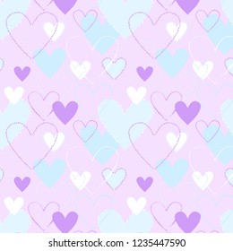 Purple pastel colors vector seamless pattern with doodle hand drawn hearts. Template background for Valentine's greeting postcards. For textile or scrapbooking.