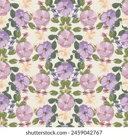 Purple pastel flowers seamless pattern on beige background for wrapping paper, print wallpaper and textile