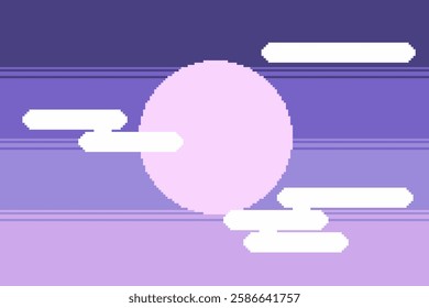 Purple Pastel Tone Minimal Sun with Clouds, Pixel Art Illustration