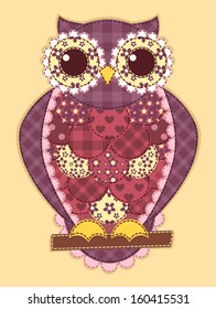 Purple patchwork owl. Vector quilt illustration.