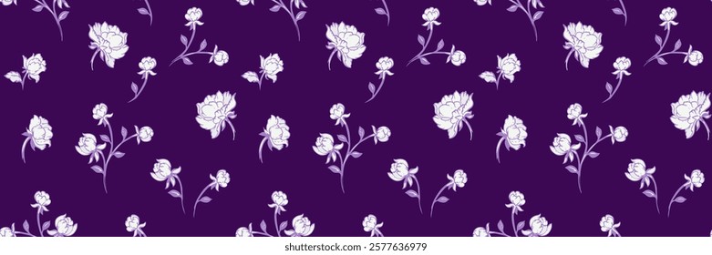 Purple pattern with abstract rosebuds, roses on a dark violet background. Vector hand drawing. Stylized branches flowers seamless print. Simple ornaments for designs, textile, surface design