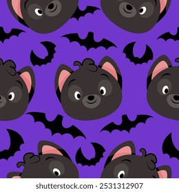 Purple pattern of black cat and bat heads