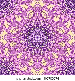 Purple pattern with circular patterns of different colors for design of gift cards, wedding invitations, and web. Mandala seamless vector illustration.