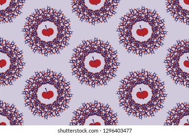Purple pattern of dry twigs and apples with wreaths. EPS10