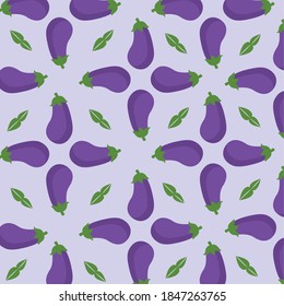 violettes Muster mit Auberginen und Blättern, buntes Design, Vektorgrafik