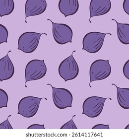 Purple pattern with figs, stylized figs on lilac background. Packaging, wallpaper, backdrop, label, fruity vibe. Vector illustration
