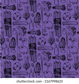 Violett-Muster mit Hexenzubehör und alchemistischen. Vektorgrafik