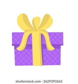 Purple patterned gift box vector illustration with yellow ribbon. Festive design for birthday, party and celebration graphics