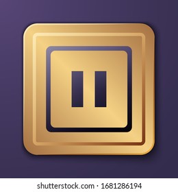 Purple Pause button icon isolated on purple background. Gold square button. Vector Illustration