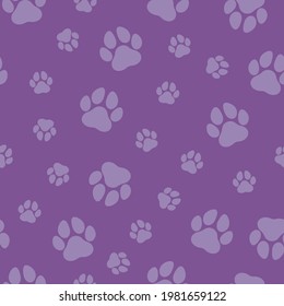 Purple Paw Print Seamless Vector Pattern. Cute, Fun Animal Illustration Background. Dog And Cat Pet Themed Foot Print Silhouette Motif, Repeating Wallpaper Texture Design. 