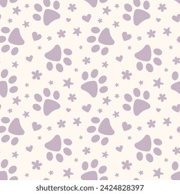 Purple paw seamless vector pattern with hearts and stars, adorable background for pets, repeating tile