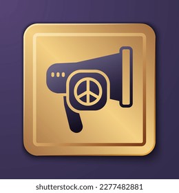 Purple Peace icon isolated on purple background. Hippie symbol of peace. Gold square button. Vector