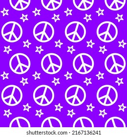 Purple peace sign pattern with star. Seamless hippie vector background. Bright peaceful abstract feminine wallpaper. Fun trendy y2k style illustration. Kindness antiwar concept. Cute teen girl texture