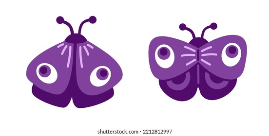 Purple peacock eye butterfly. Violet mystical incect. Witchcraft element. Hand drawn flat cartoon illustration.