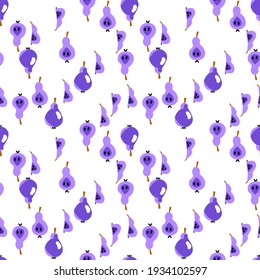 Purple pears dynamic seamless pattern vector. Whole and sliced pear fruits isolated on white. Cartoon bright purple fruit seamless pattern. Perfect for kitchenware, dinner napkins, pillows, and more