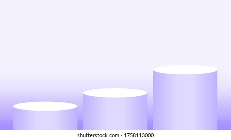 purple pedestal cylinder circle 3 steps for cosmetics showcase, podium circle stage purple pastel soft color, platform steps for advertising, podium round three layers of product display, copy space