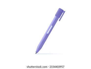 violetter Stift 3d. Ein Kunststoffballpunkt. Die Schreibmaschine des Benutzers für Lehre und Schreiben. Das Konzept der Bildung, des Schreibens oder des kreativen Zeichens. Moderner, cooler Stift einzeln auf weißem Hintergrund, Vektorgrafik 