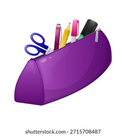 Purple pencil case filled with school supplies including scissors, pencils, pens, and markers. Vector illustrations Isolated on white background. Education, school, stationery.