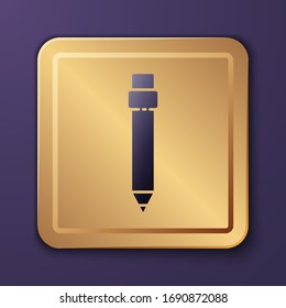 Purple Pencil with eraser icon isolated on purple background. Drawing and educational tools. School office symbol. Gold square button. Vector Illustration