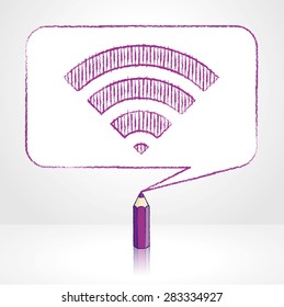 Purple Pencil with Reflection Drawing Digital WiFi Icon in Round Cornered Rectangular Speech Bubble on Pale Background