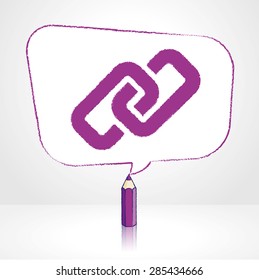 Purple Pencil with Reflection Drawing Digital Media Link Icon in Rounded Skewed Rectangular Shaped Speech Bubble on Pale Background