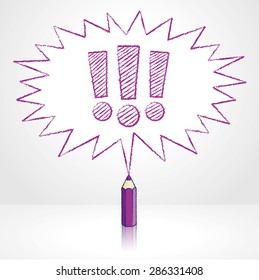 Purple Pencil with Reflection Drawing Exclamation Marks in Pointed Starburst Speech Bubble on Pale Grey Background