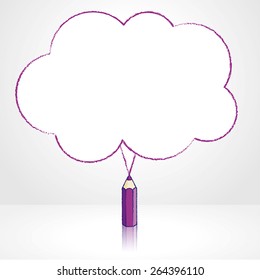 Purple Pencil with Reflection Drawing Fluffy Cloud Shaped Speech Bubble on Grey Background