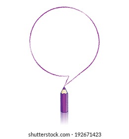 Purple Pencil with Reflection Drawing Round Speech Bubble on White Background