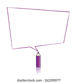 Purple Pencil with Reflection Drawing Skewed Rectangular Shaped Speech Bubble on White Background