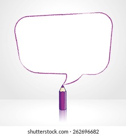 Purple Pencil with Reflection Drawing Smooth Skewed Rectangular Shaped Speech Bubble on Pale Background