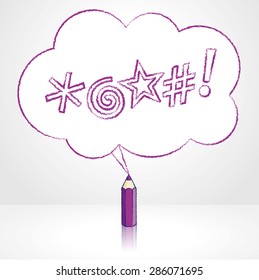 Purple Pencil with Reflection Drawing Swearing Icons in Fluffy Cloud Shaped Speech Bubble on Grey Background