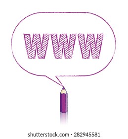 Purple Pencil with Reflection Drawing Worldwide Web Acronym in Rounded Oblong Speech Bubble on White Background