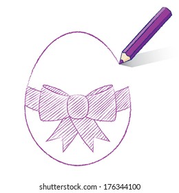Purple Pencil with Shadow Drawing Easter Egg plus Bow on White Background - Vector