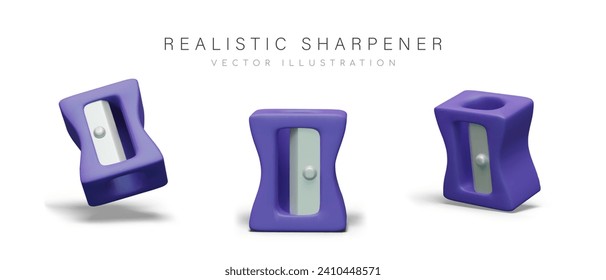 Purple pencil sharpener. Stationery. School accessories. Color model in different positions