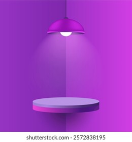 Purple pendant lamp illuminating a round floating shelf. Minimalistic interior design with soft shadows and warm light, cozy atmosphere, mockup design with spotlight effect