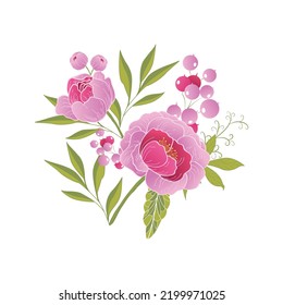purple peony bouquet with leaves, buds and ornamental elements vector hand drawn illustration isolate on white.
