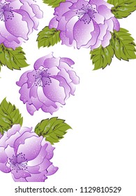 Purple peony flowers with green leaves decorated greeting card design.