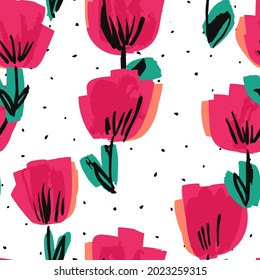 Purple Peony Marker Vector Seamless Pattern. Flower Fabric Design. Red Light Drawing Illustration. Tulip Abstract Wallpaper.