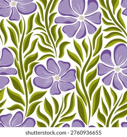 Purple periwinkle flowers seamless pattern on white background. Vintage groovy aesthetic floral design. Ditsy flower power print. Great for fabric, textiles, wrapping paper and wallpaper 