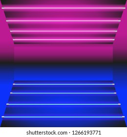 Purple perspective background, great design for any purposes. Vector illustration in 3d style - empty room with glossy walls and neon glowing lines.