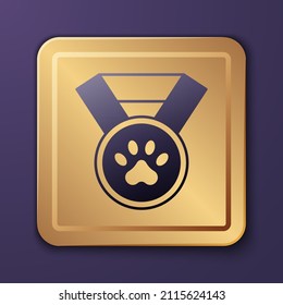 Purple Pet award symbol icon isolated on purple background. Badge with dog or cat paw print and ribbons. Medal for animal. Gold square button. Vector