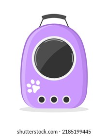Mochila portadora de mascotas moradas con una ventana transparente sobre un fondo blanco. Ilustración plana del vector