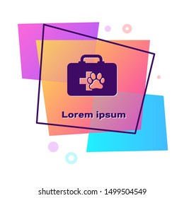 Purple Pet first aid kit icon isolated on white background. Dog or cat paw print. Clinic box. Color rectangle button. Vector Illustration