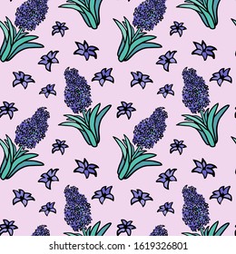 Purple petal and violet hyacinth flower meadow jacinth with green leaf and stem botanic floral set seamless pattern easter wrapping paper stock vector illustration 