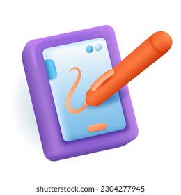 Purple phone or tablet with orange stylus 3D illustration. Drawing of tablet and digital pen for graphic designers in 3D style on white background. Technology, entertainment, graphic design concept