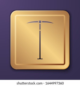 Purple Pickaxe icon isolated on purple background. Gold square button. Vector Illustration